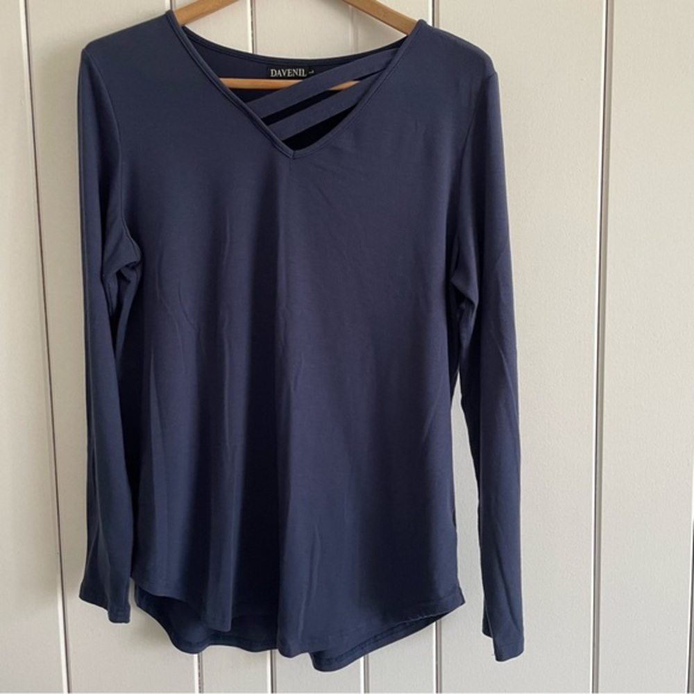 $10 SALE Dark Blue Long Sleeve Tee Cut Out Design Davenil Women’s L Shirt Top